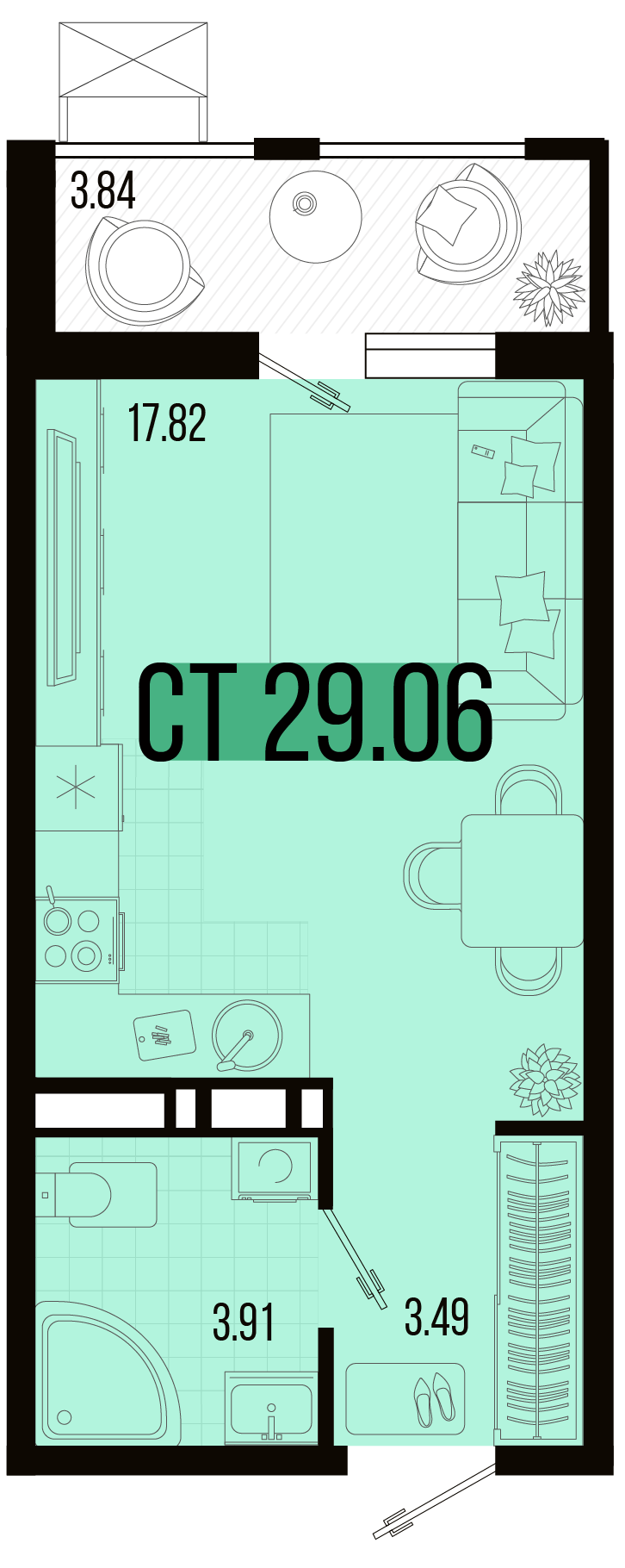 Планировка: Студия 27,4 м²
