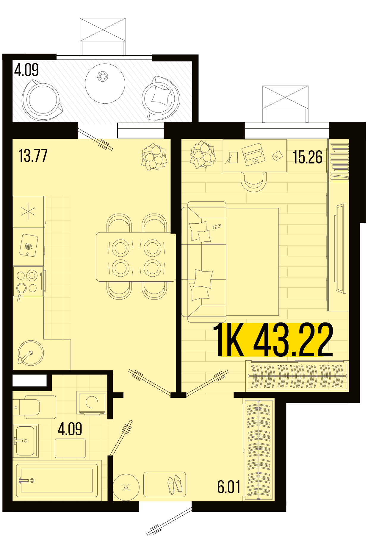 Планировка: 1-комн. квартира 41,2 м²