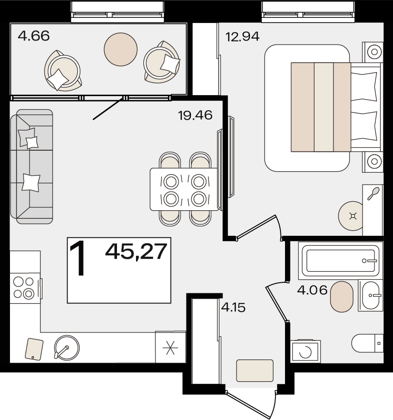 Планировка: 1-комн. квартира 42,9 м²