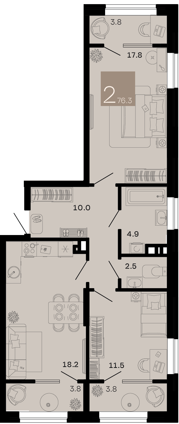 Планировка 2-комнатная 77 м²
