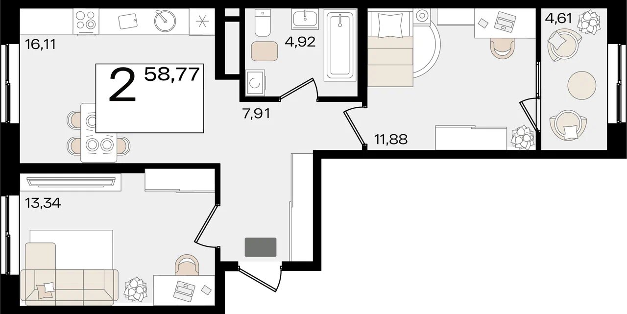 Планировка: 2-комн. квартира 56,5 м²