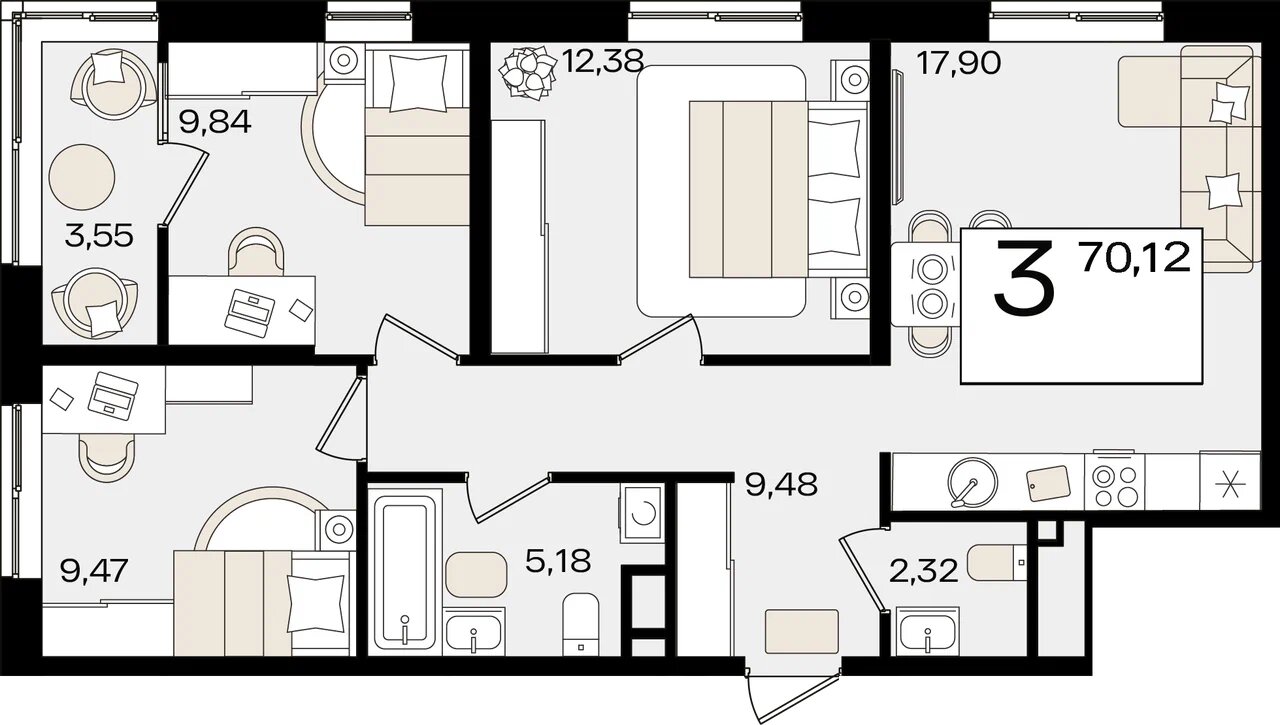 Планировка 3-комнатная 68,34 м²