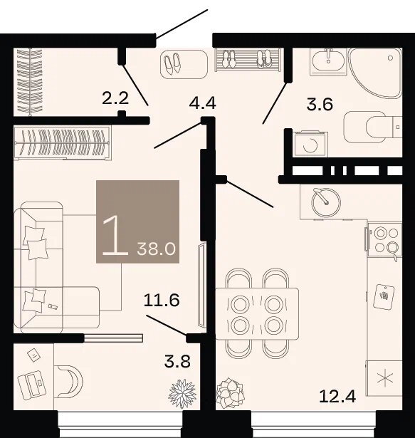Планировка: 1-комн. квартира 36,1 м²