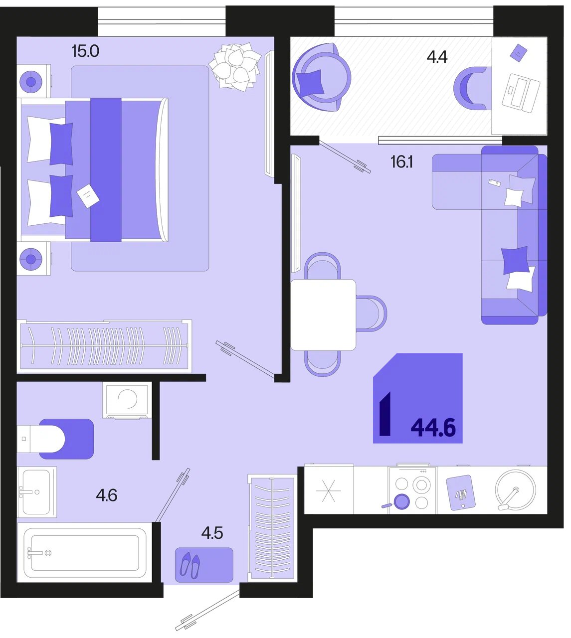 Планировка: 1-комн. квартира 42,4 м²