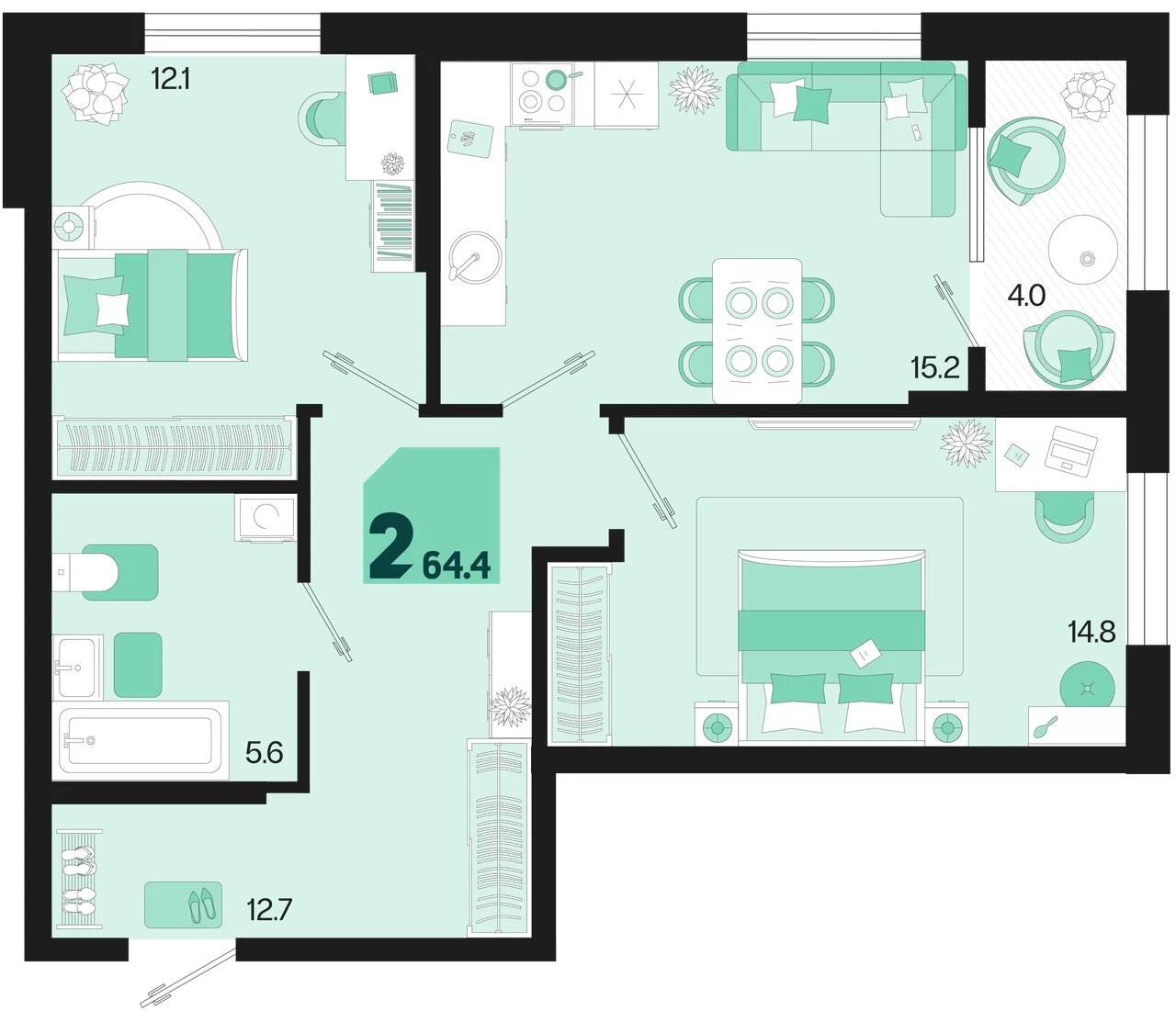 Планировка 2-комнатная 62,4 м²