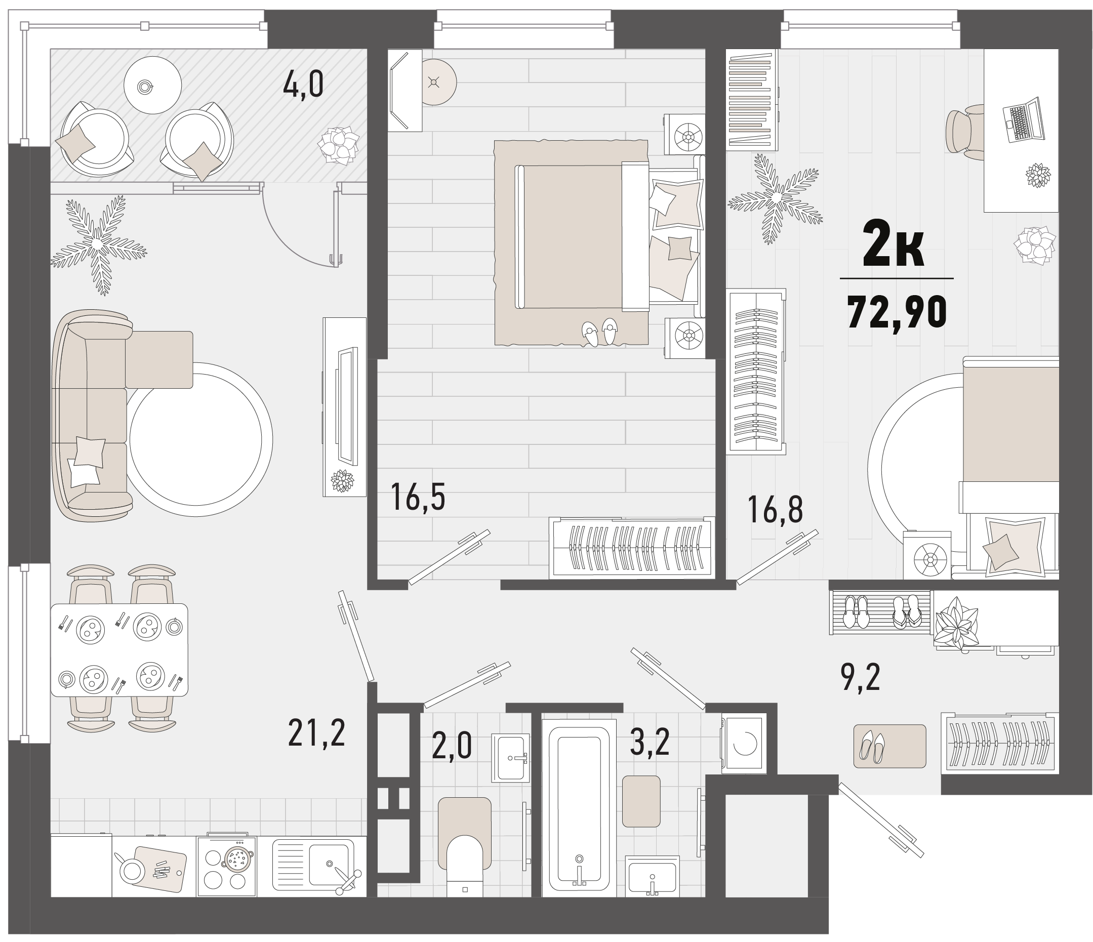 Планировка: 2-комн. квартира 70,9 м²