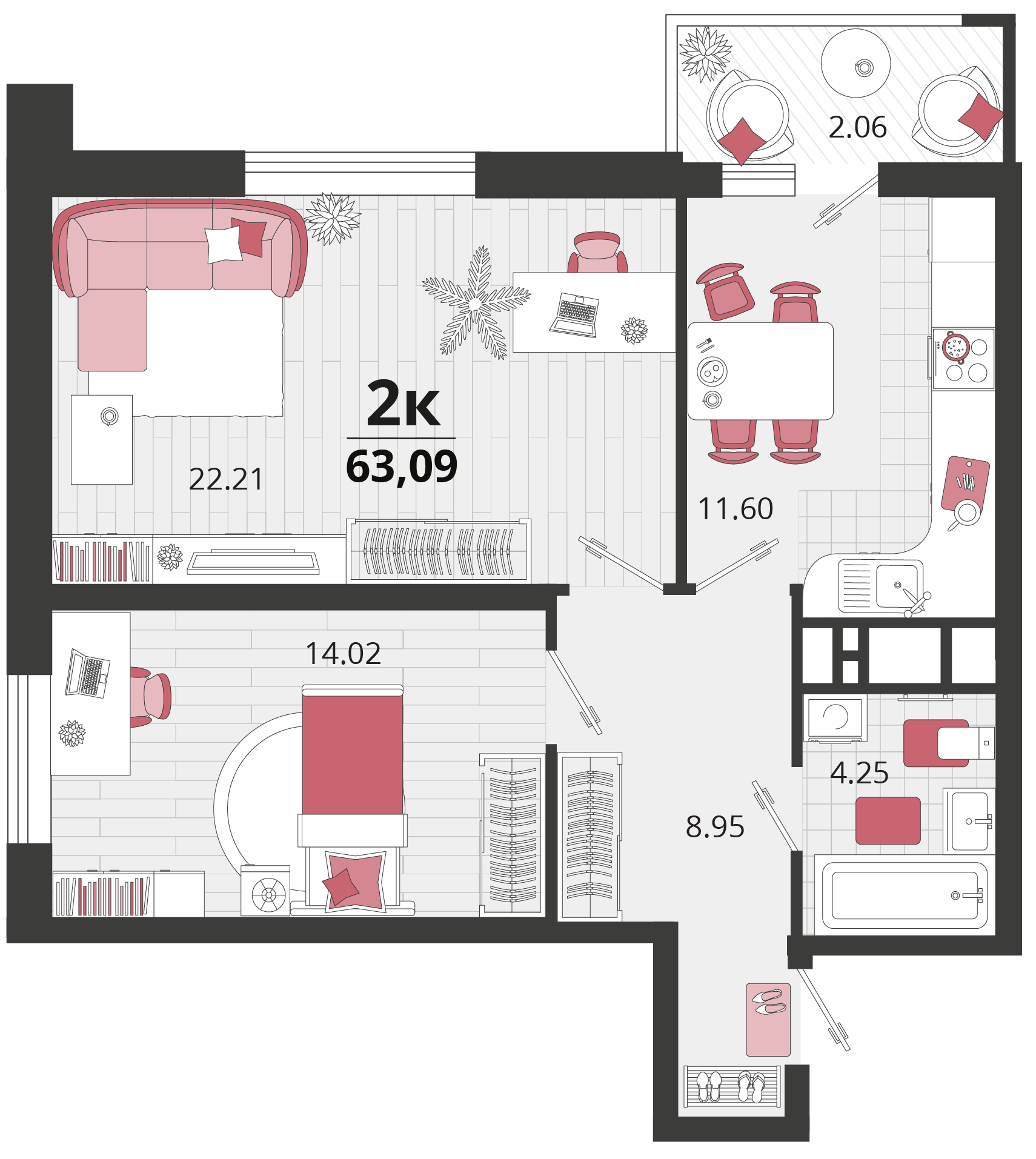 Планировка: 2-комн. квартира 62,7 м²