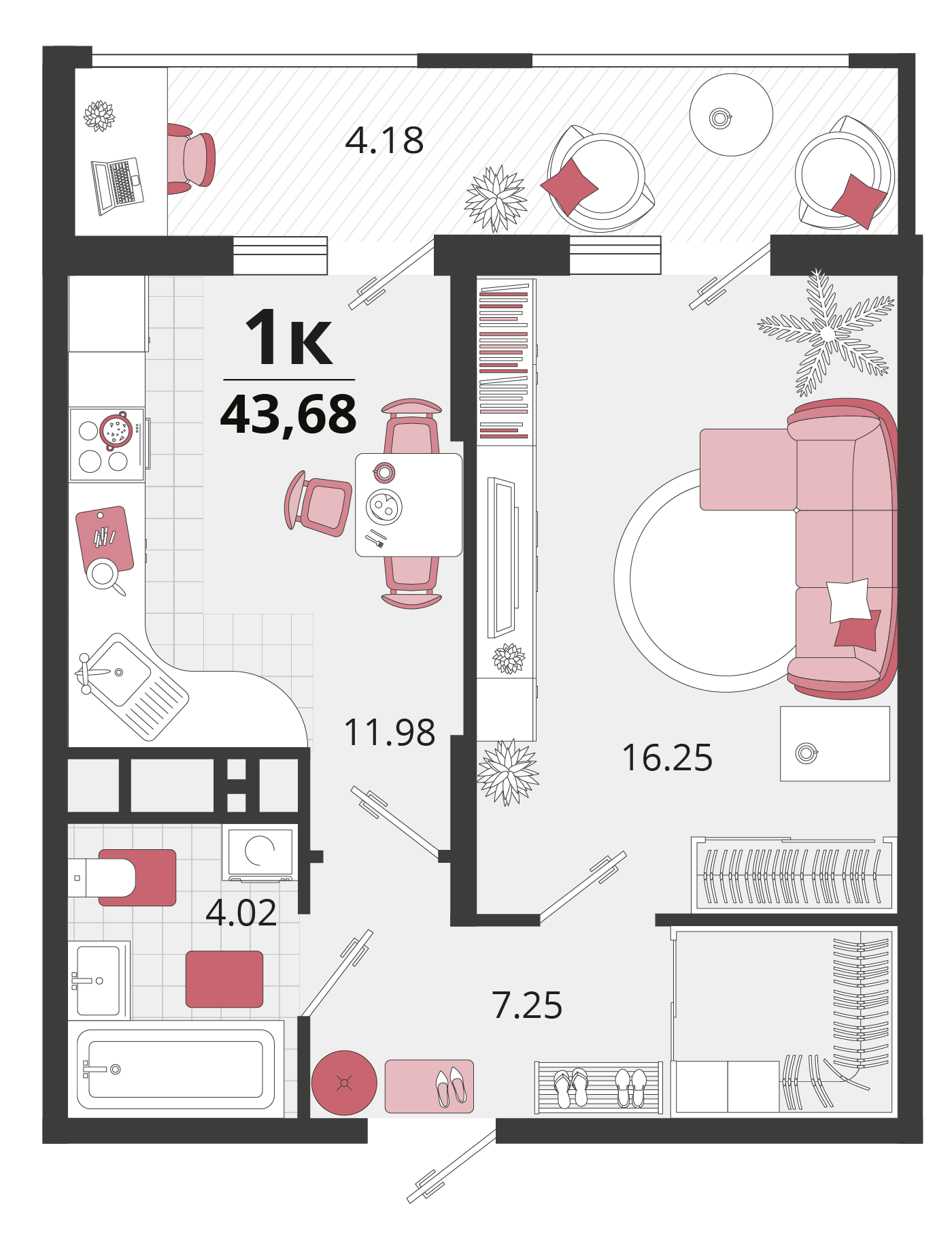 Планировка: 1-комн. квартира 43,9 м²