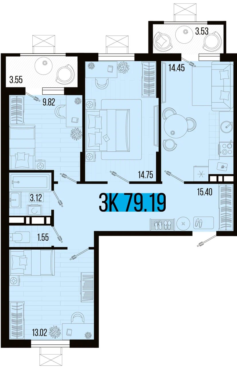 Планировка: 3-комн. квартира 75,6 м²