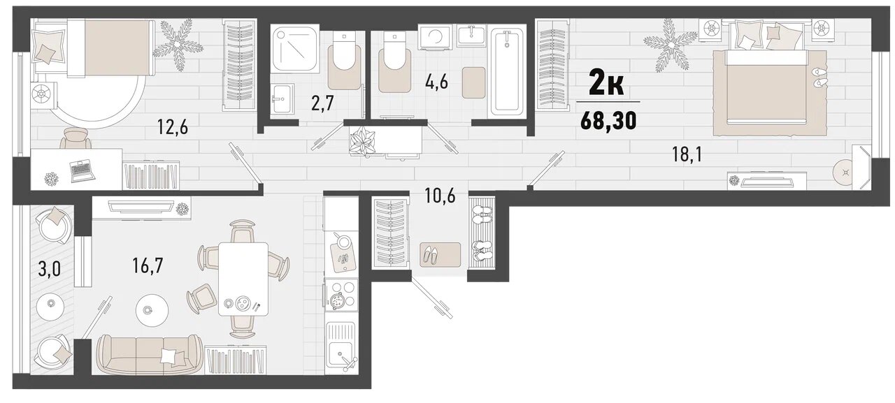 Планировка: 2-комн. квартира 66,8 м²