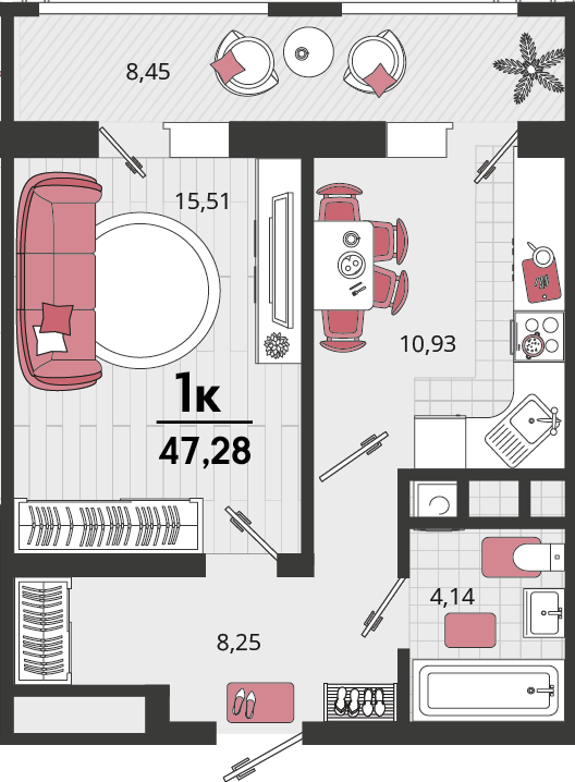 Планировка: 1-комн. квартира 41,4 м²