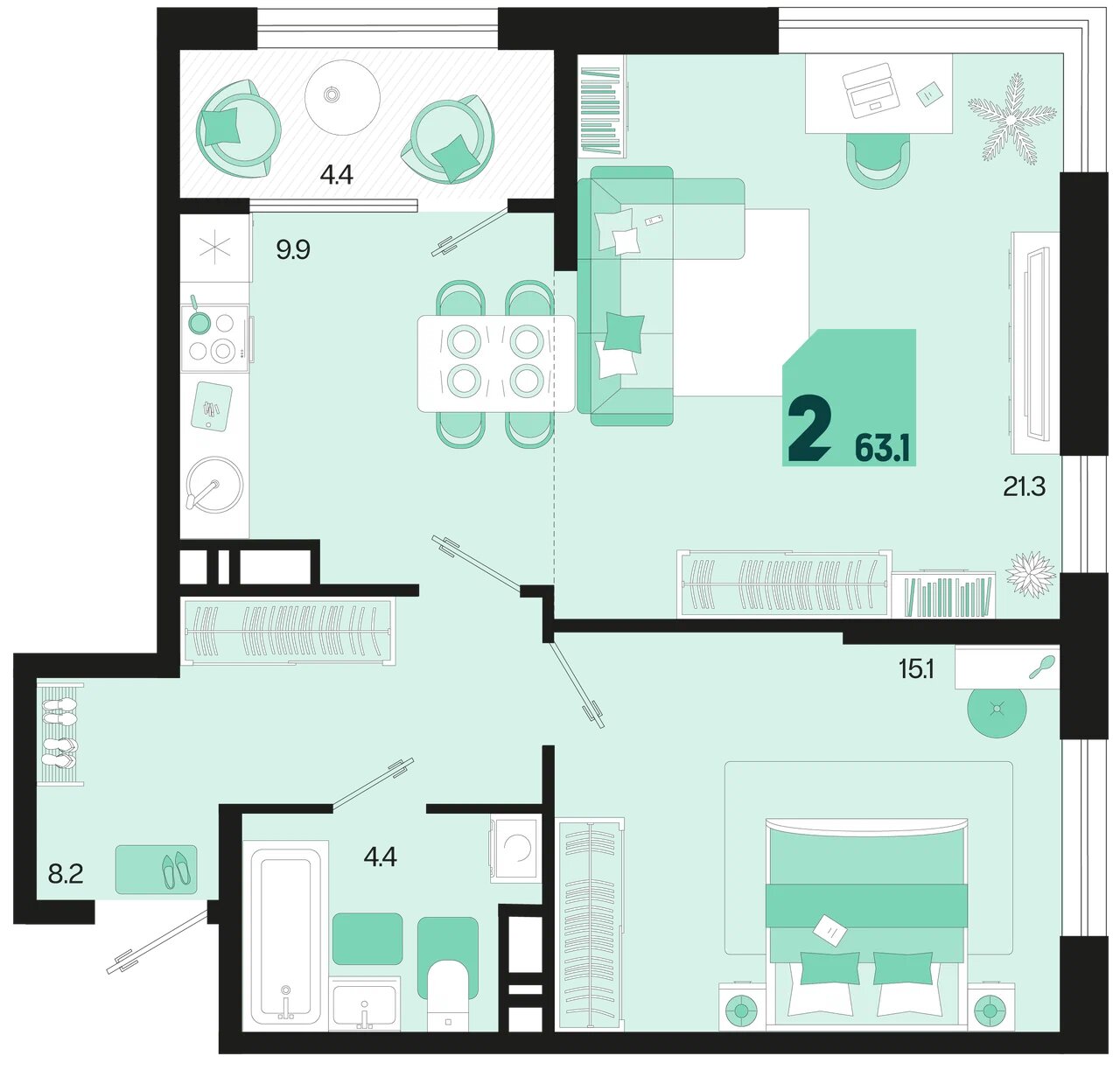 Планировка: 2-комн. квартира 61 м²