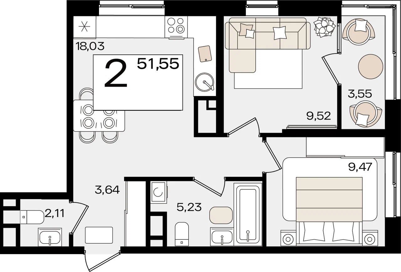 Планировка: 2-комн. квартира 49,8 м²