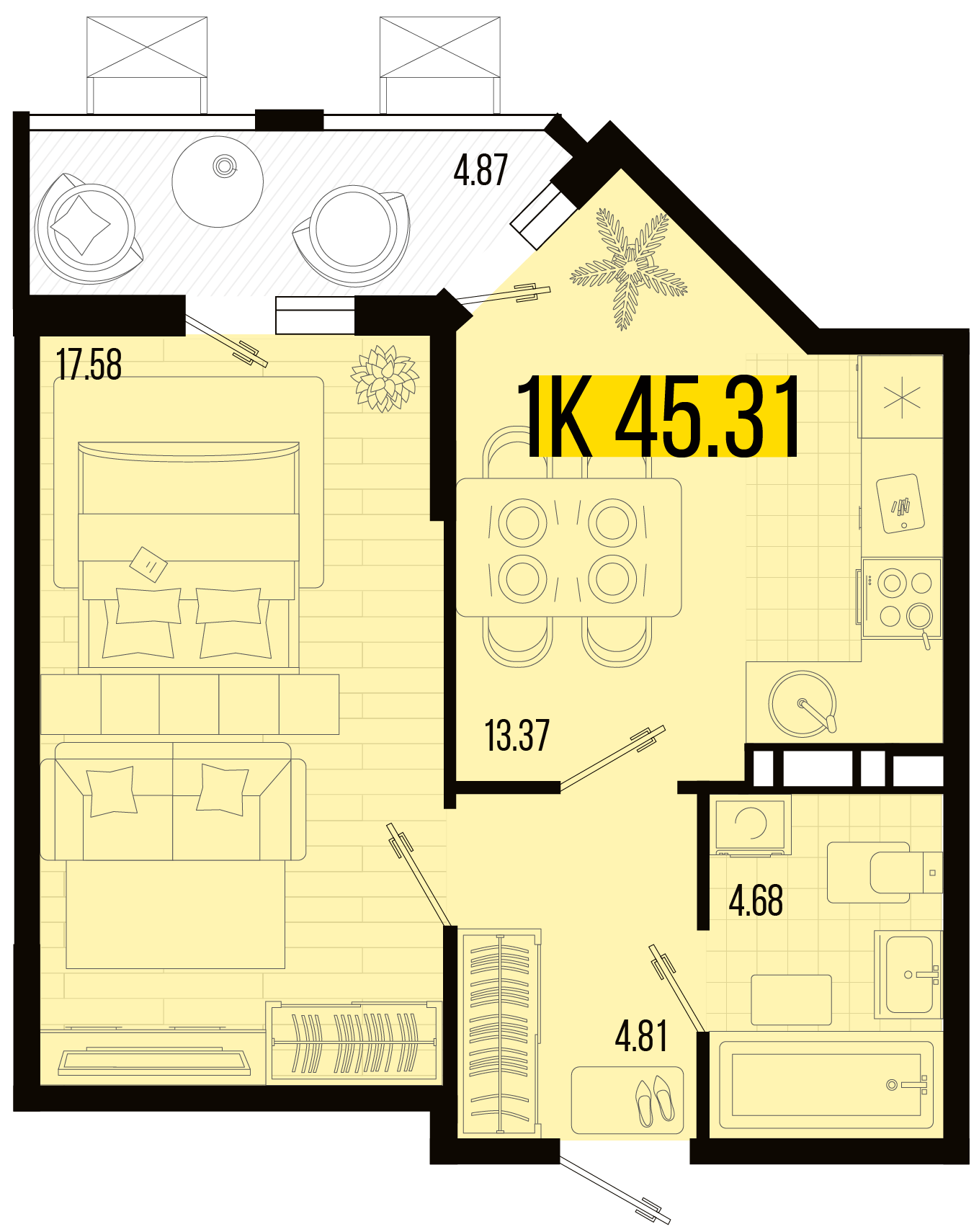 Планировка: 1-комн. квартира 42,9 м²