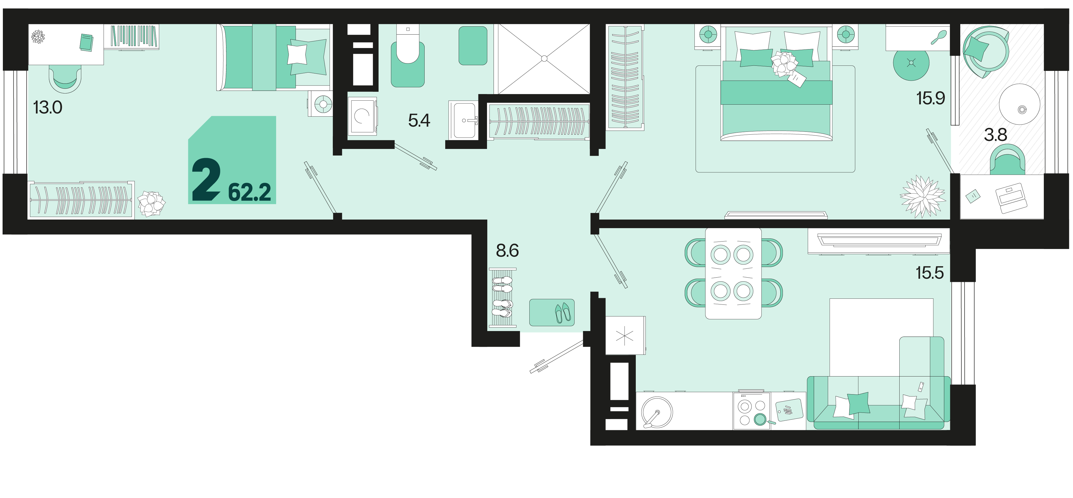 Планировка: 2-комн. квартира 60,3 м²