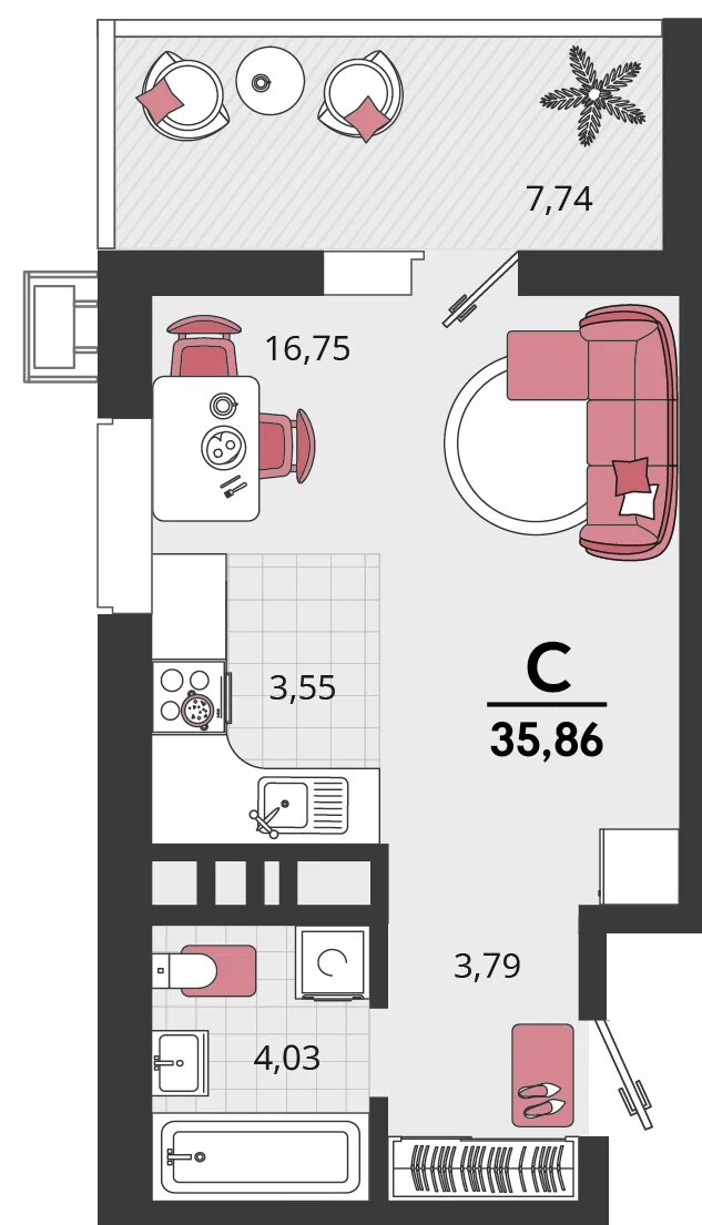 Планировка: 1-комн. квартира 32 м²