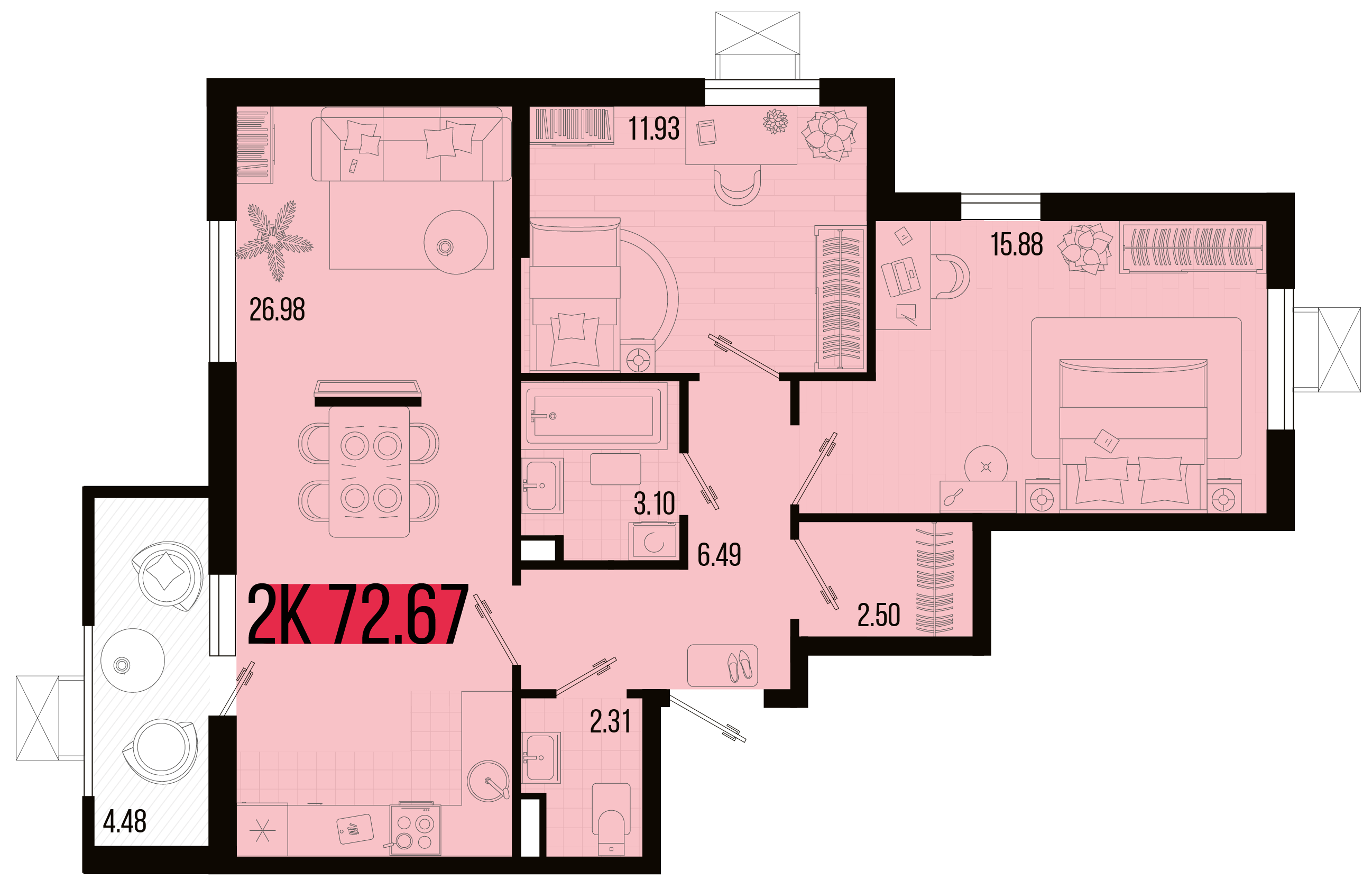 Планировка 2-комнатная 71,25 м²