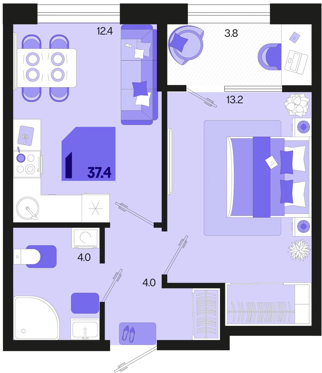 Планировка: 1-комн. квартира 35,5 м²
