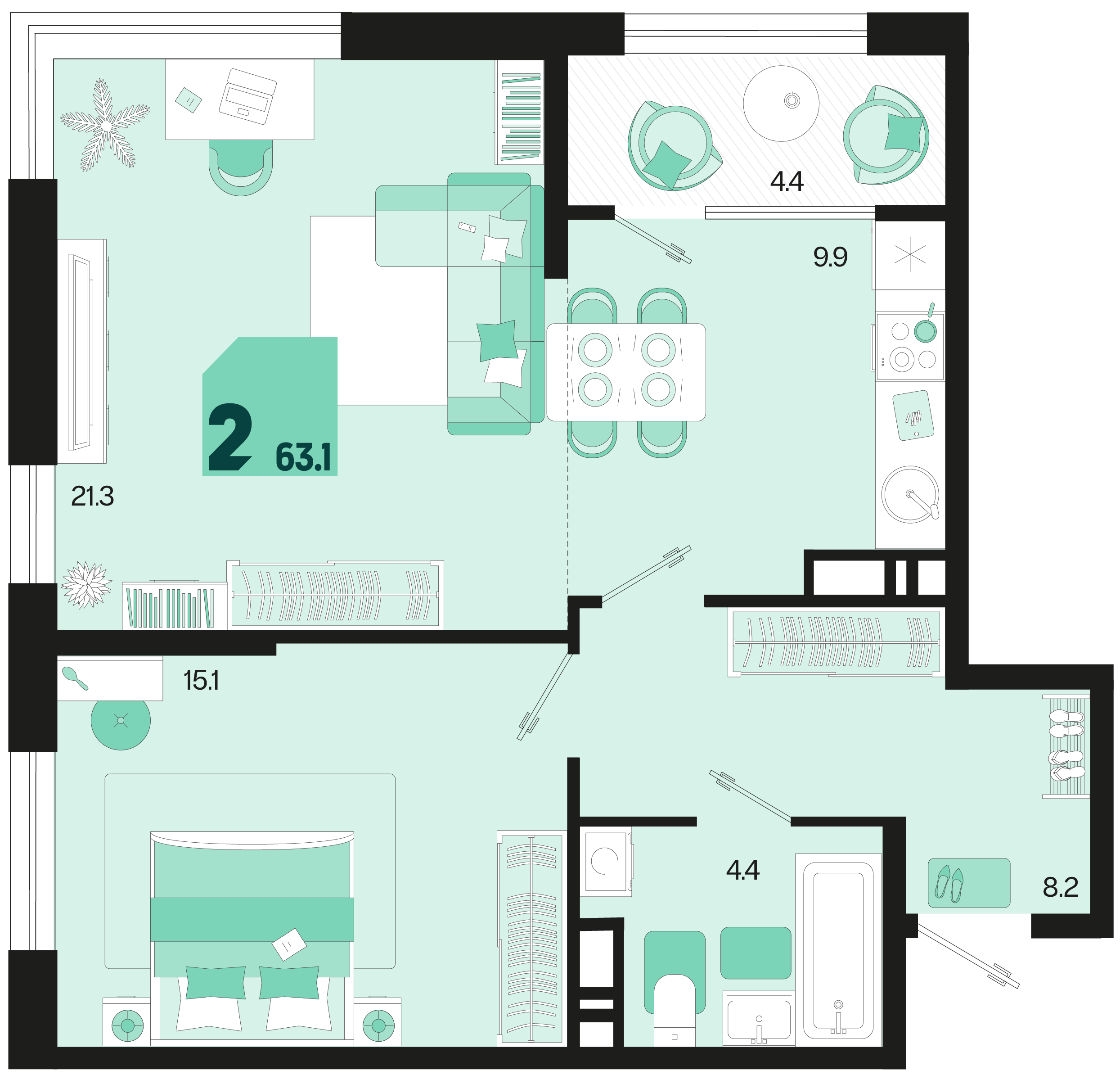 Планировка: 2-комн. квартира 61 м²