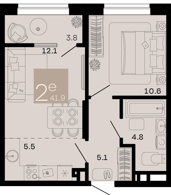 Планировка 2-комнатная 40 м²