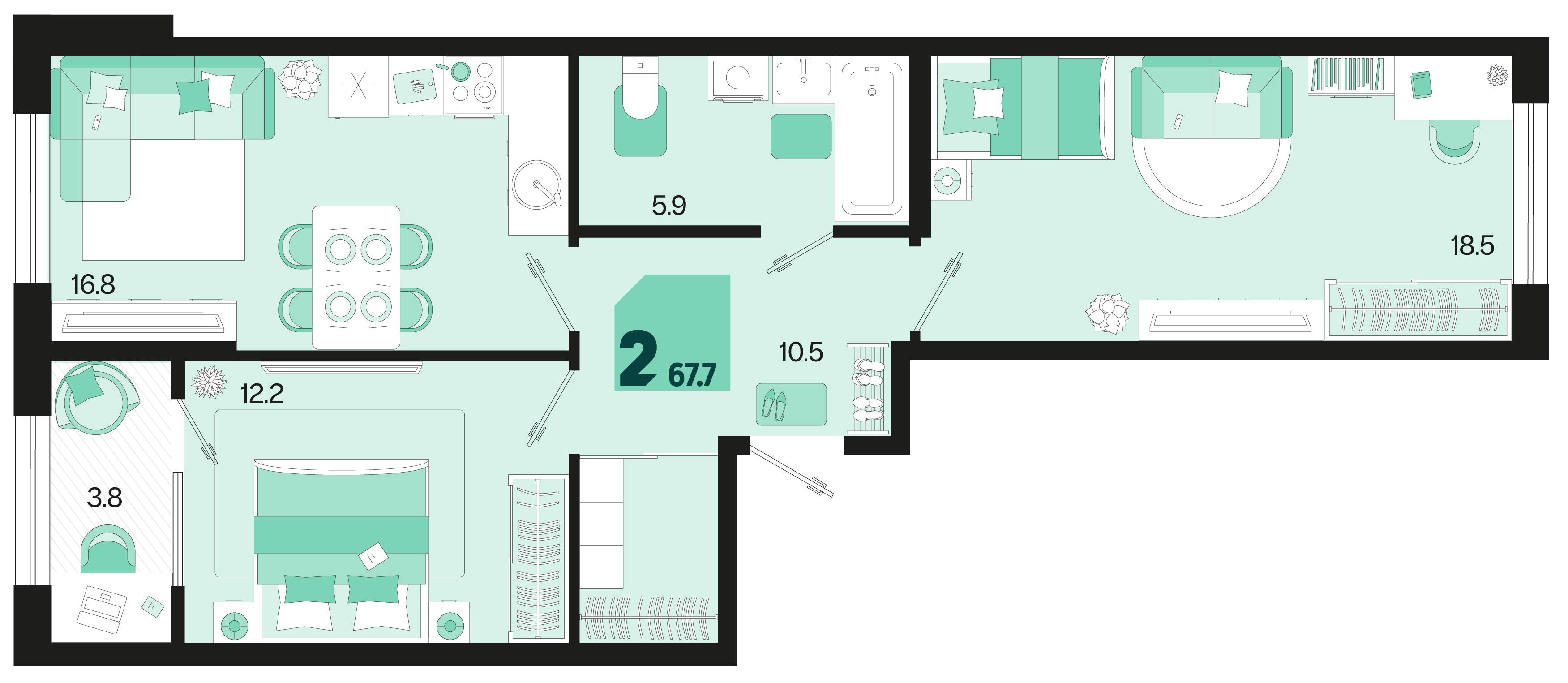 Планировка: 2-комн. квартира 65,8 м²