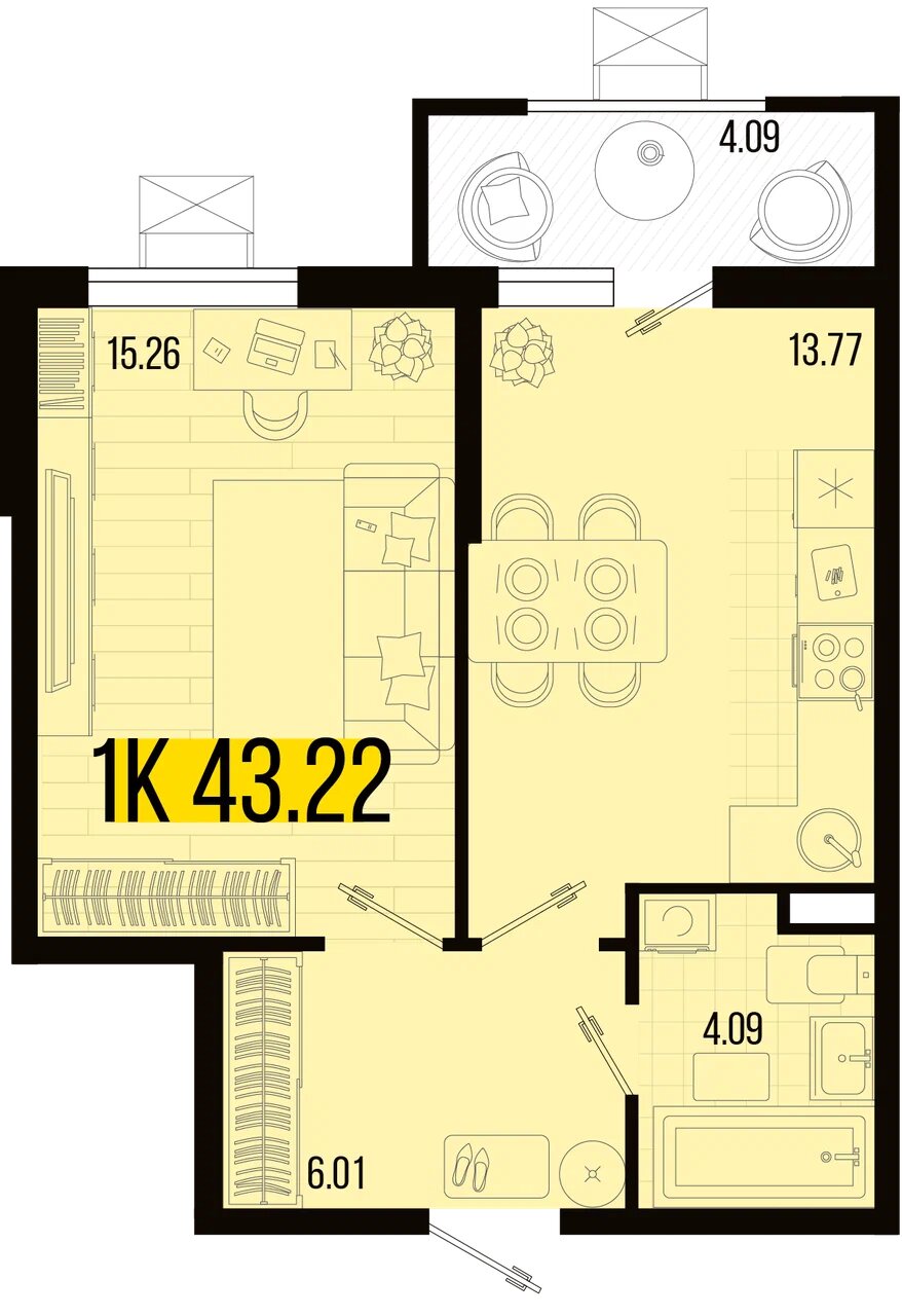 Планировка: 1-комн. квартира 41,6 м²