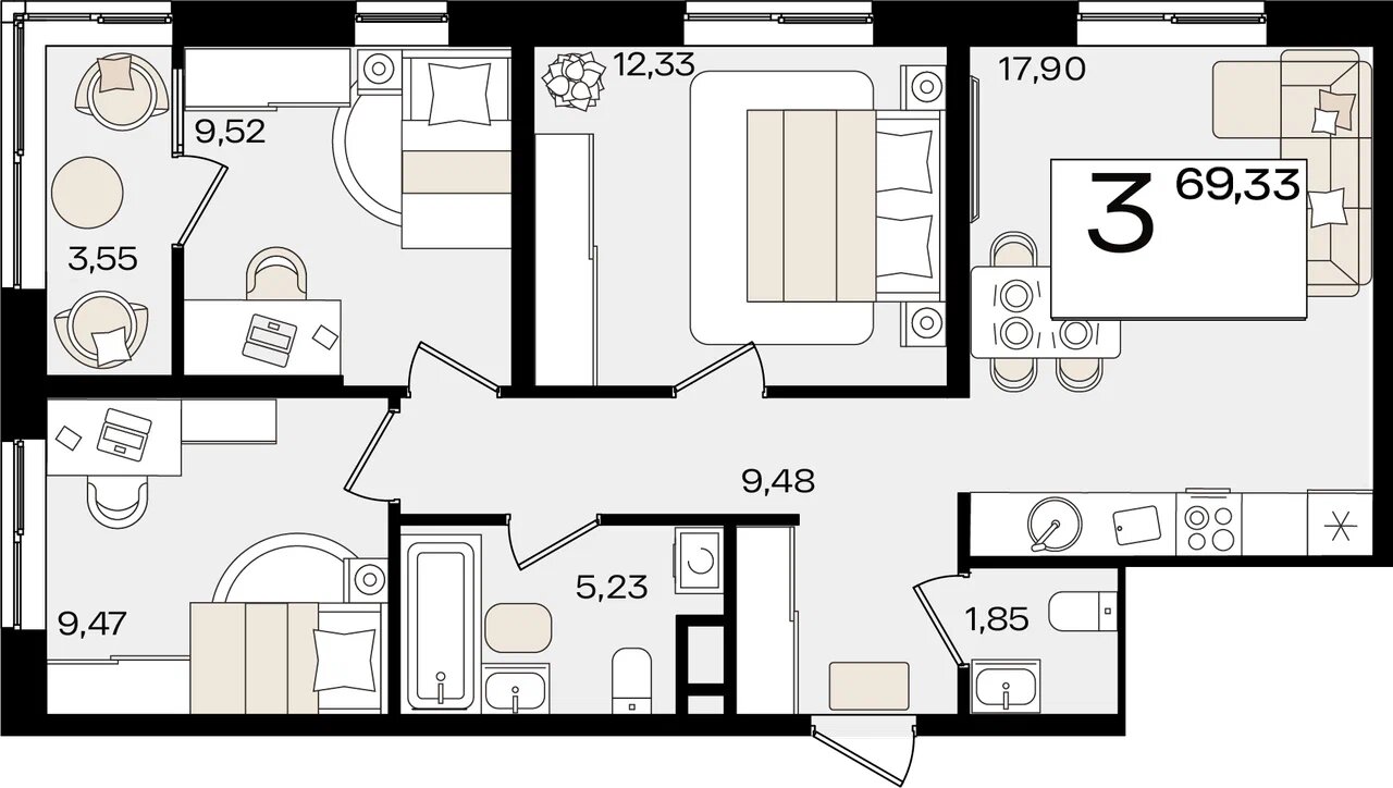 Планировка 3-комнатная 67,55 м²