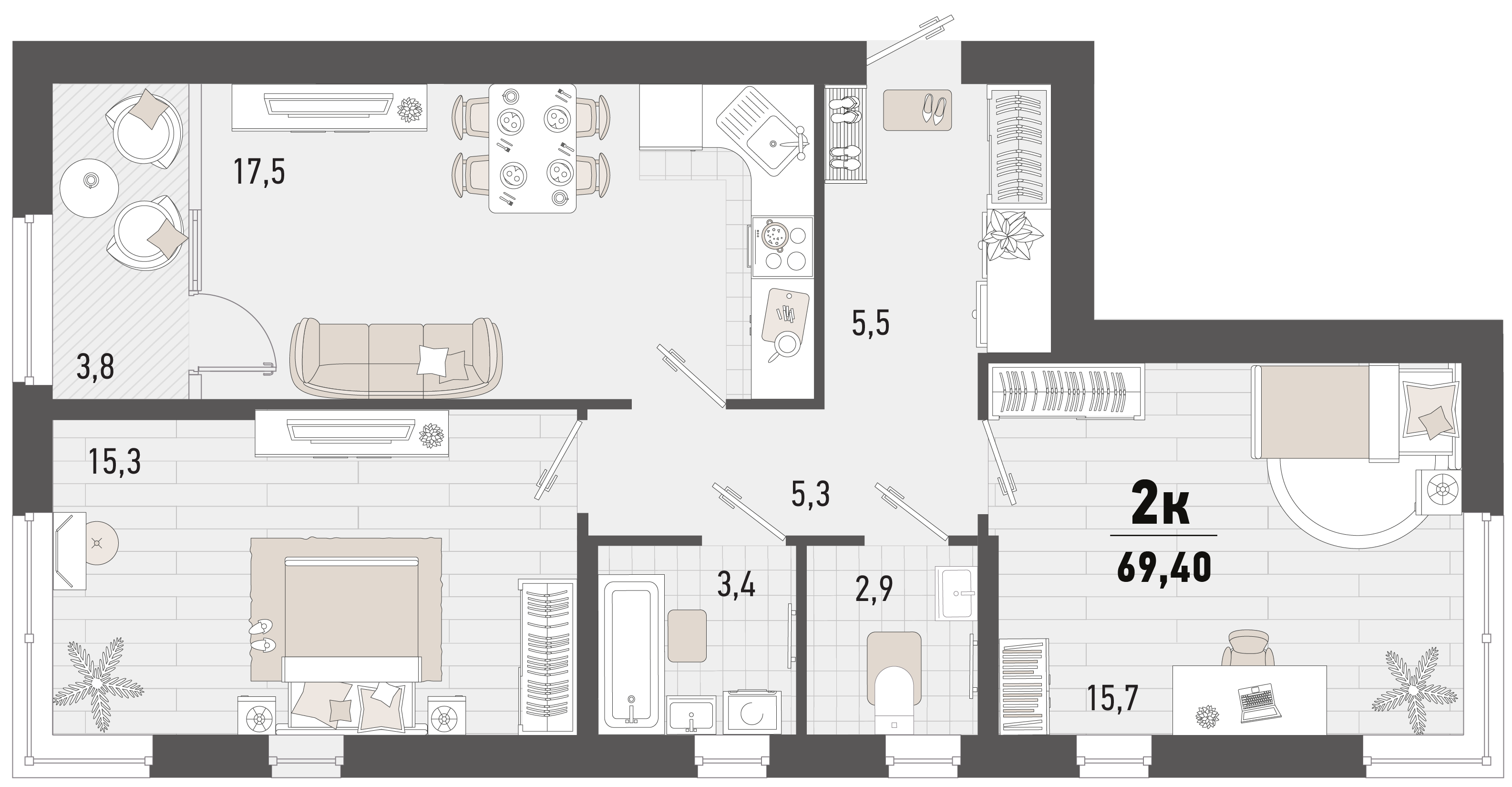Планировка: 2-комн. квартира 67,5 м²
