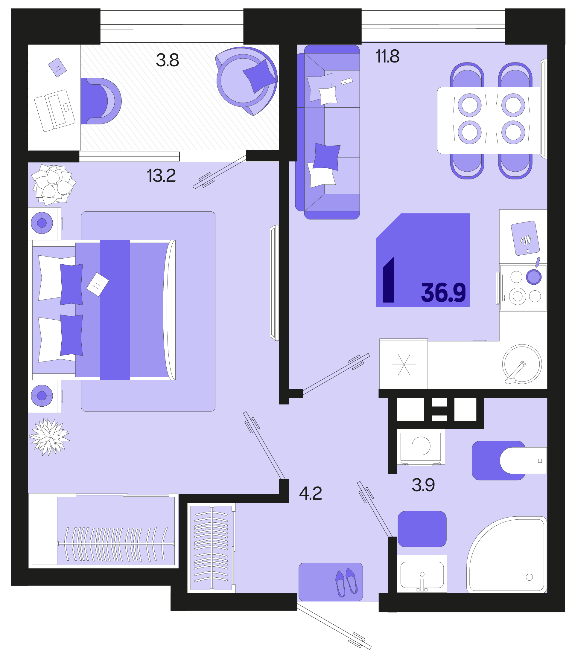 Планировка: 1-комн. квартира 35 м²