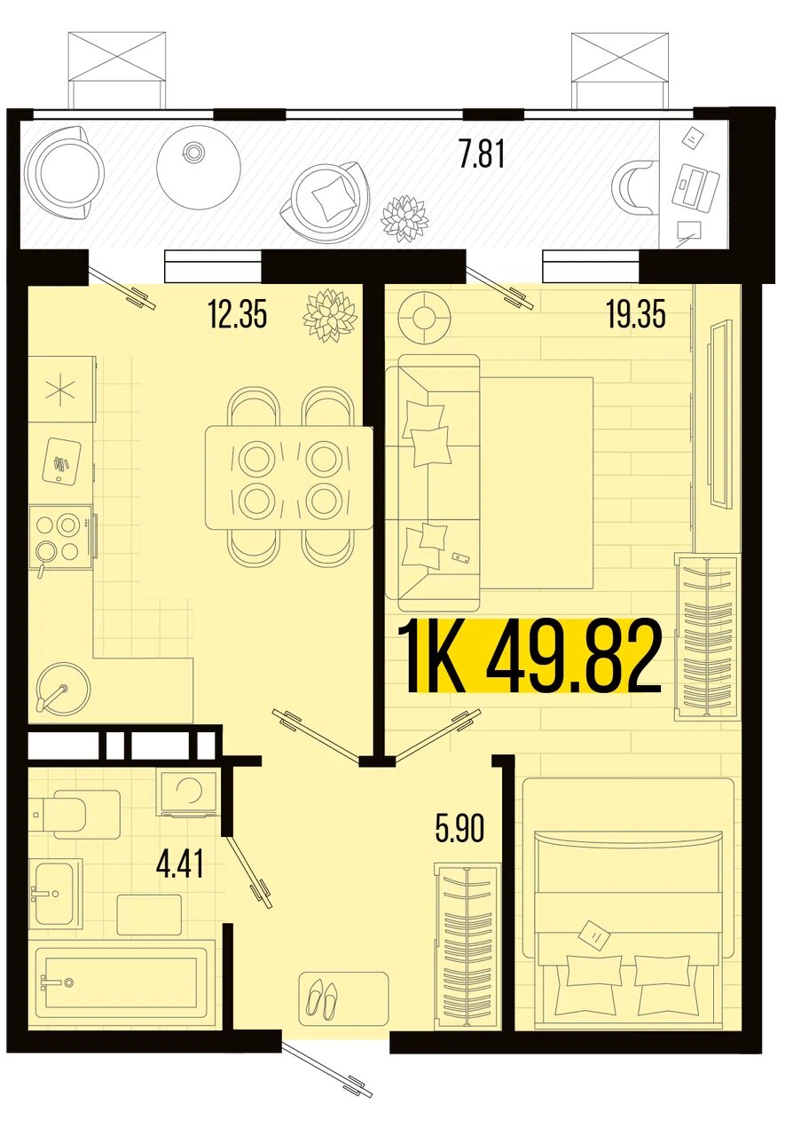 Планировка: 1-комн. квартира 46,2 м²