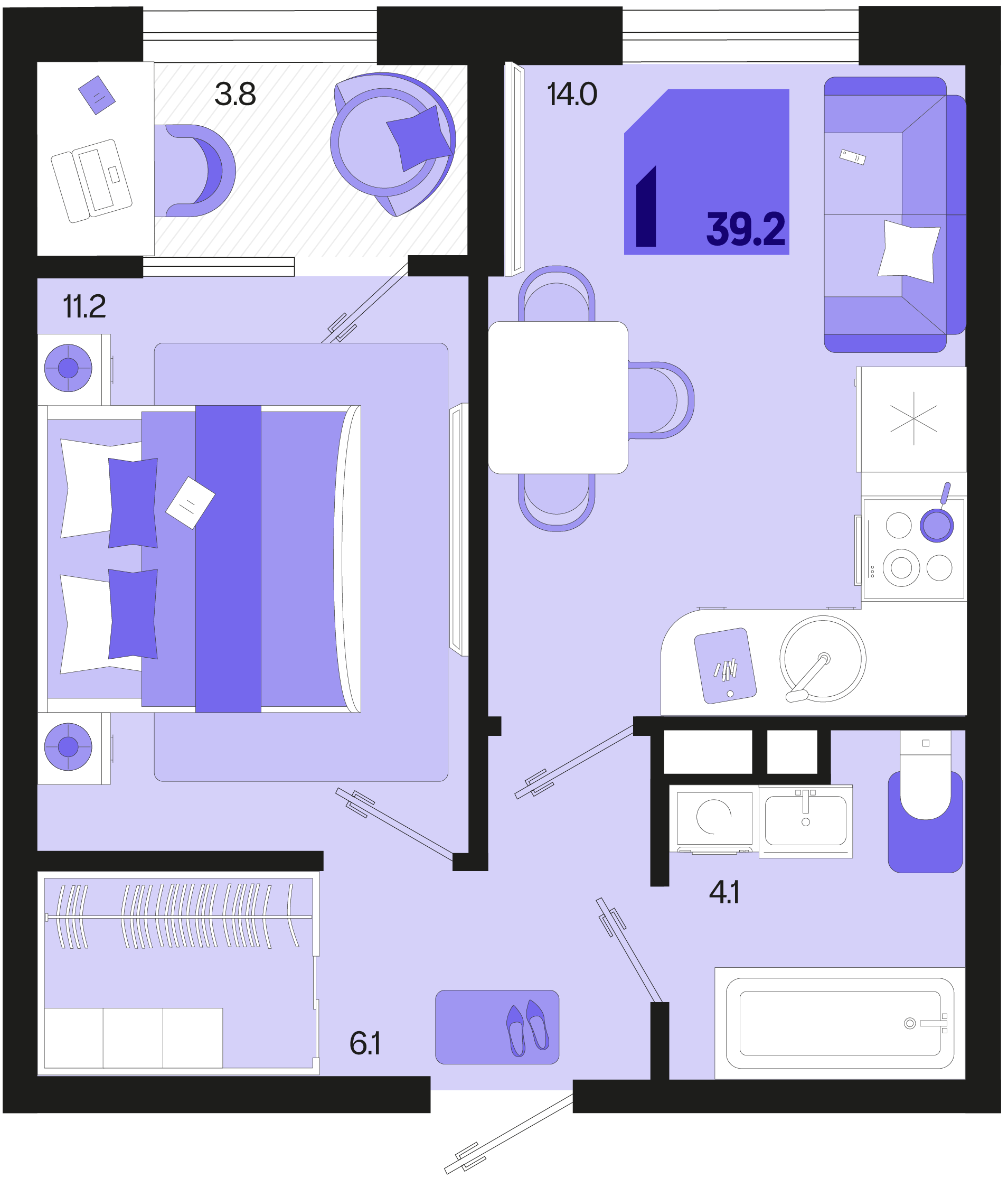 Планировка: 1-комн. квартира 37,3 м²
