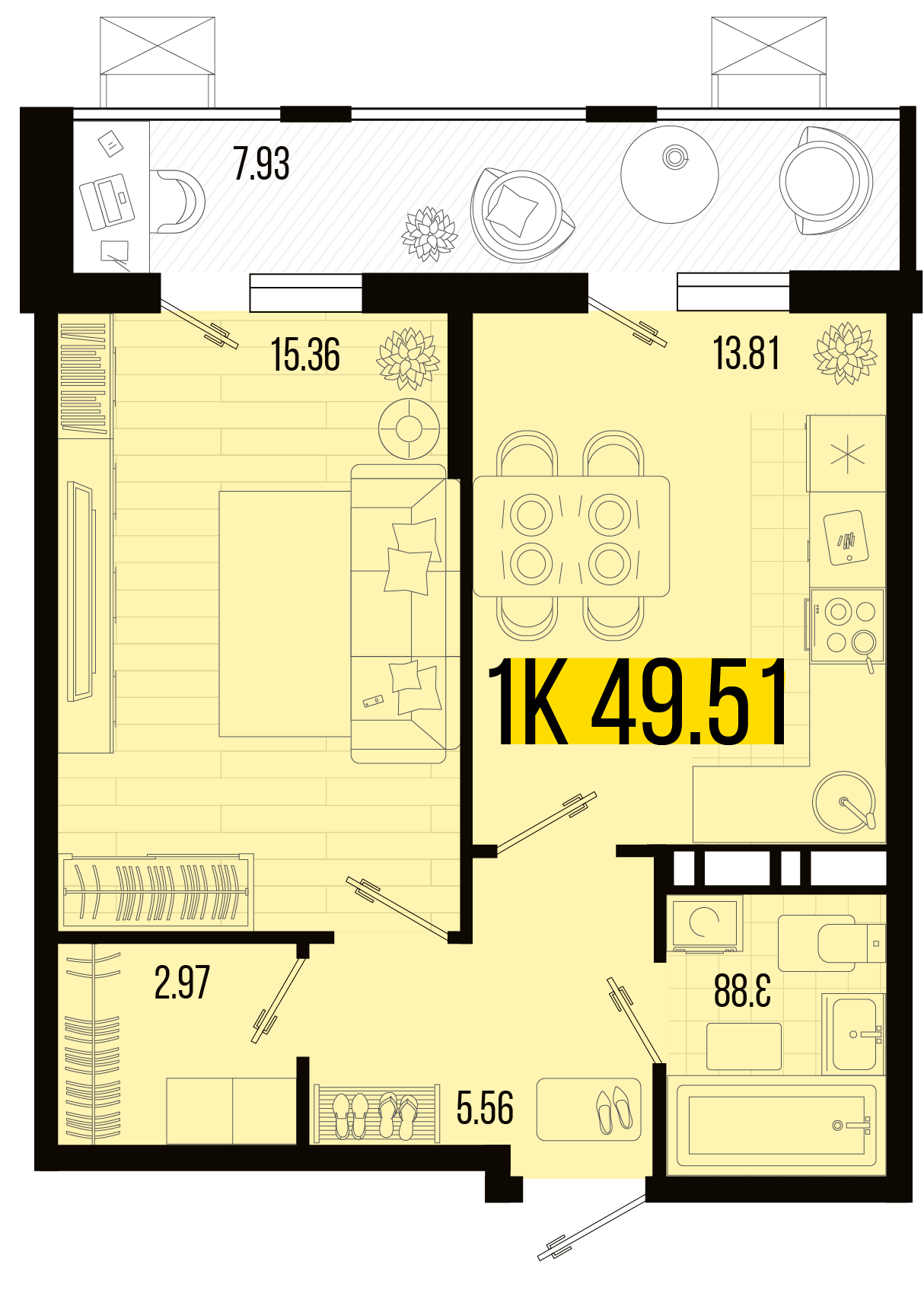 Планировка: 1-комн. квартира 45,8 м²