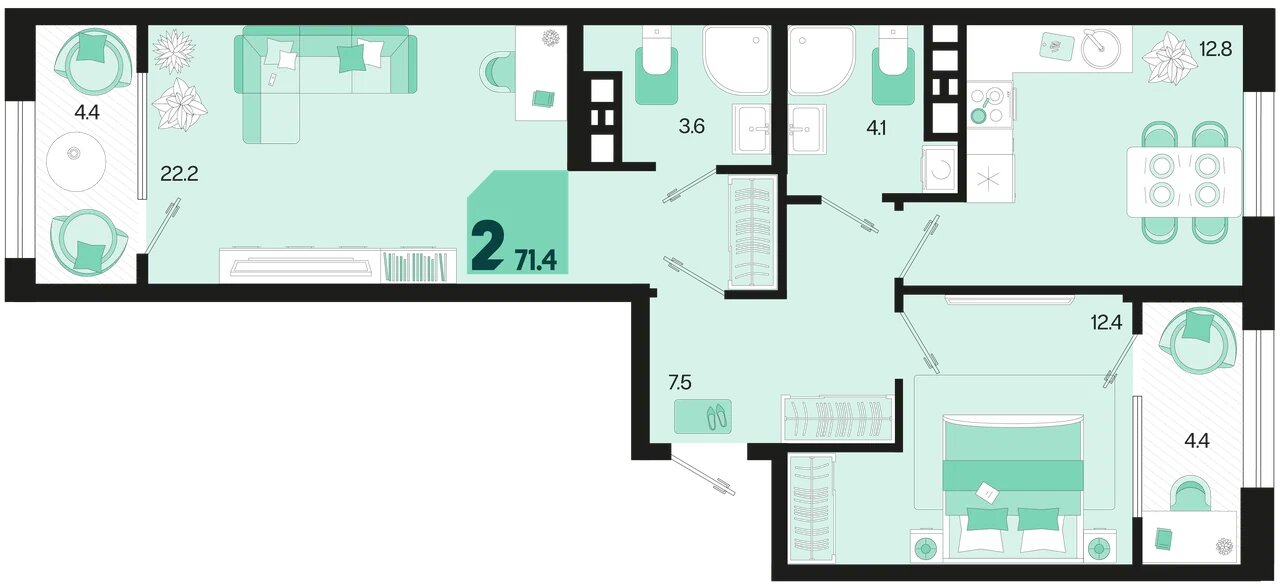 Планировка: 2-комн. квартира 67 м²