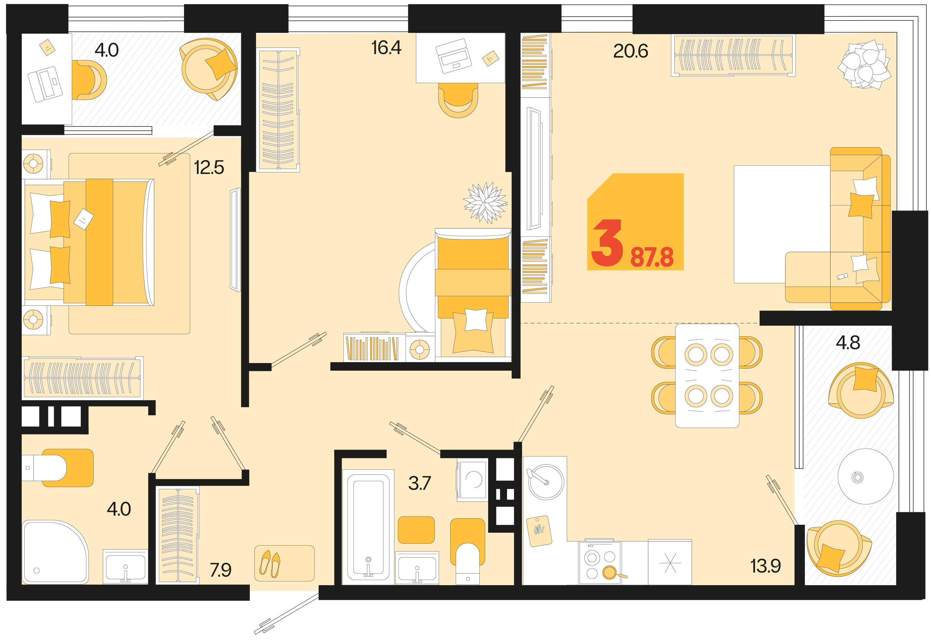 Планировка: 3-комн. квартира 83,4 м²