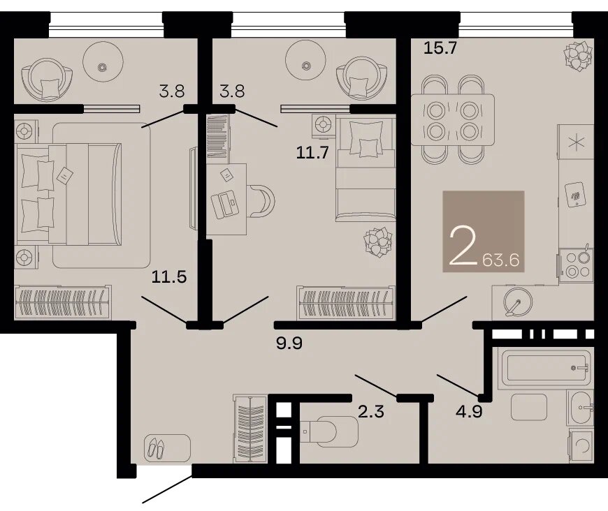 Планировка: 2-комн. квартира 59,8 м²