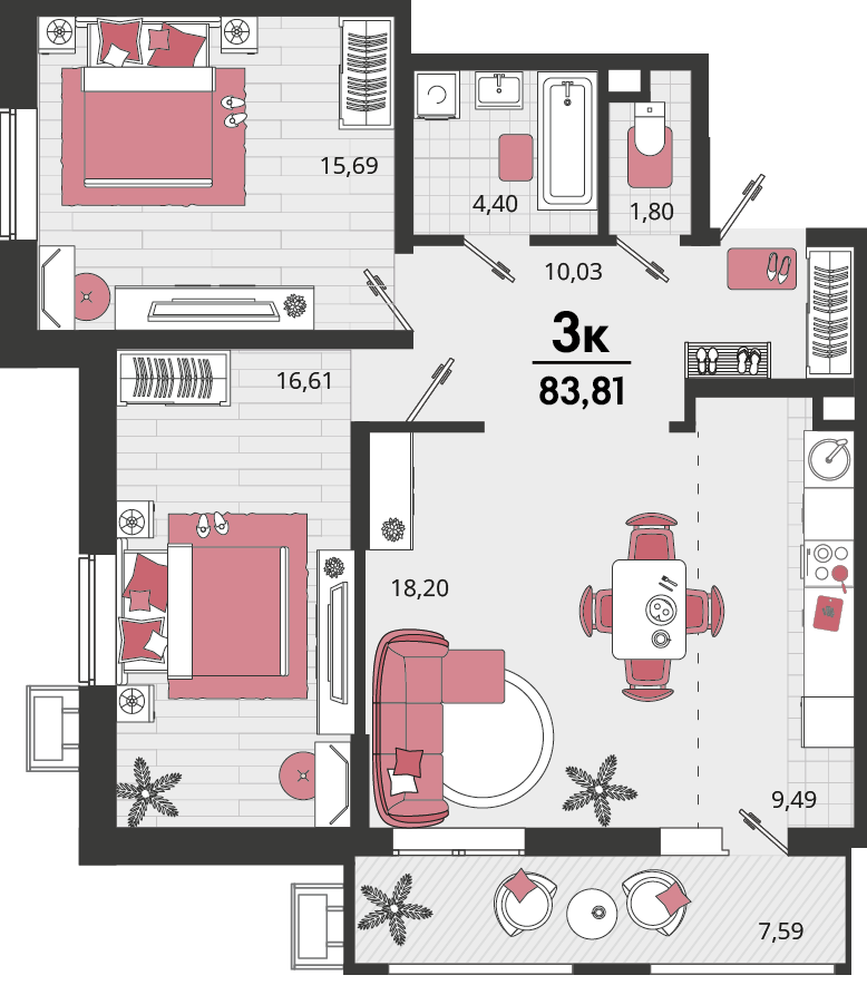 Планировка: 3-комн. квартира 78,5 м²