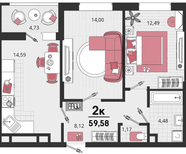 Планировка: 2-комн. квартира 57,2 м²