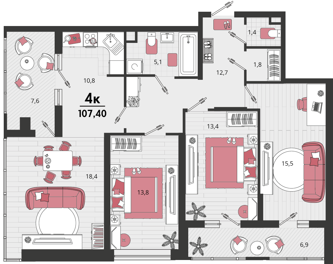 Планировка: 4-комн. квартира 99,8 м²