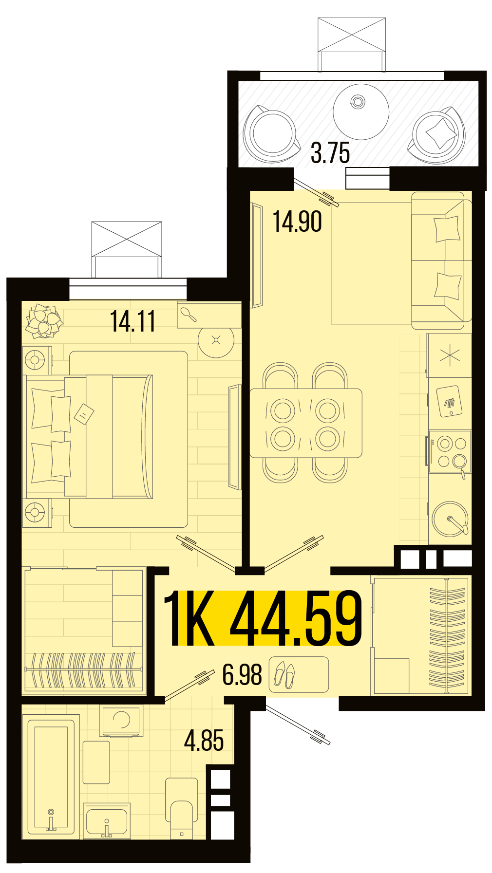 Планировка 1-комнатная 42,72 м²