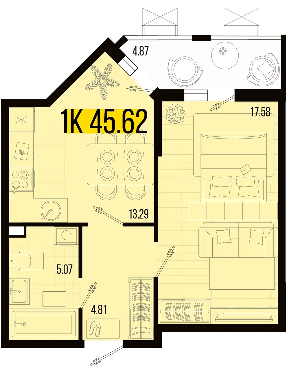 Планировка: 1-комн. квартира 43,8 м²