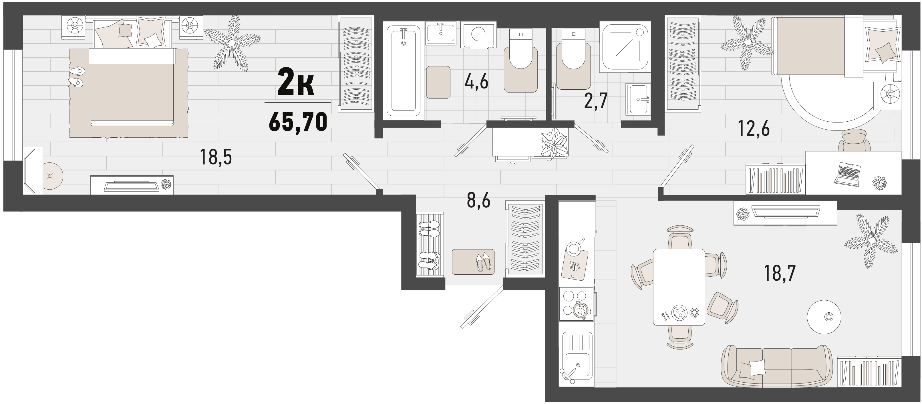Планировка: 2-комн. квартира 65,7 м²