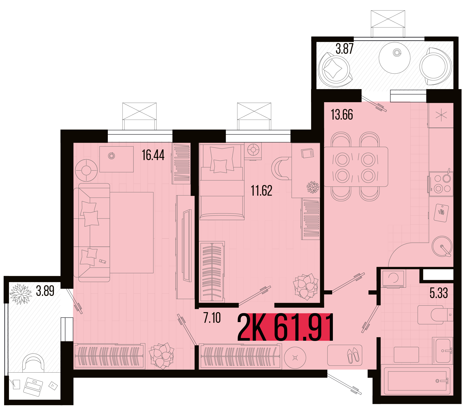 Планировка: 2-комн. квартира 58,5 м²