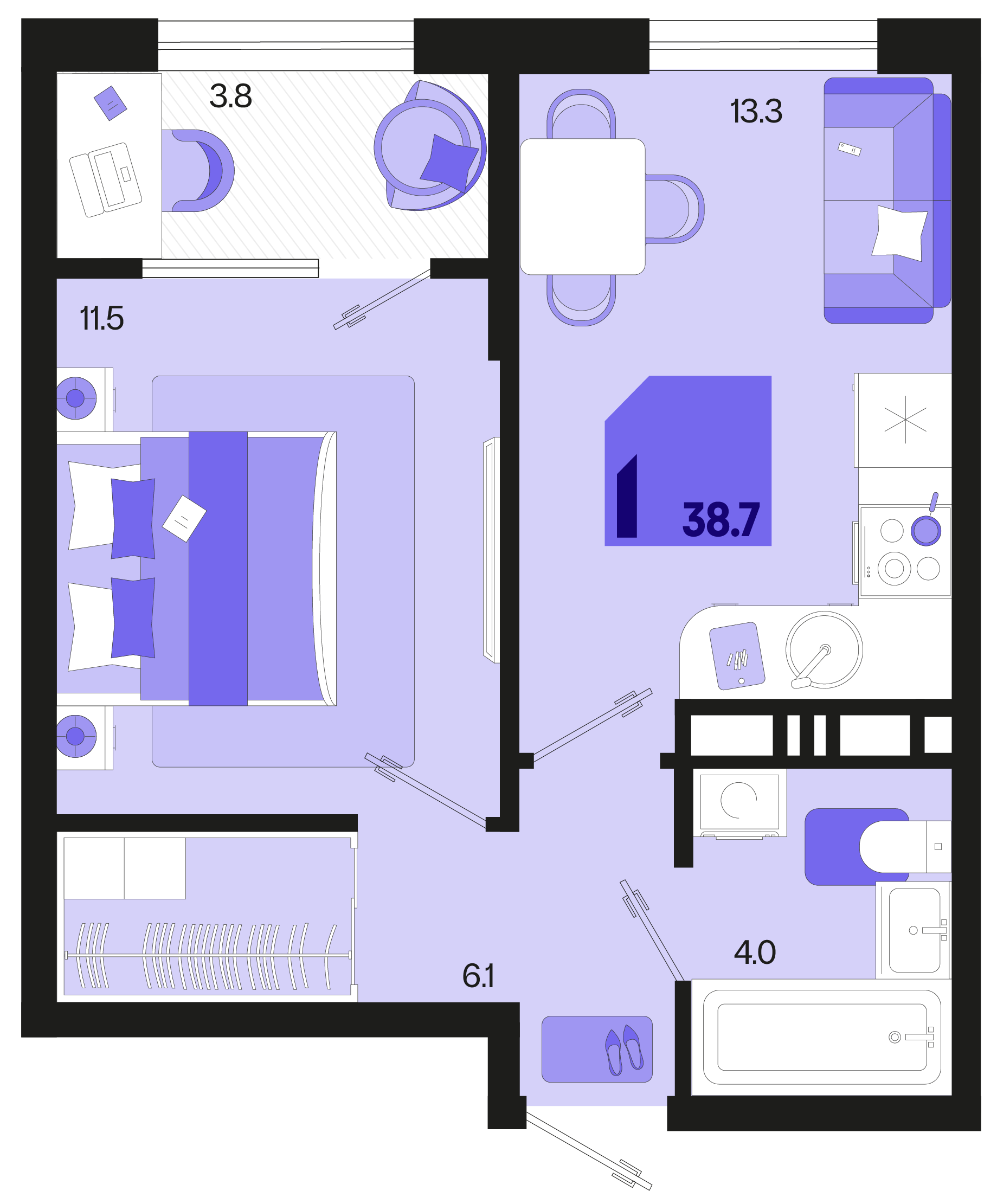 Планировка: 1-комн. квартира 36,8 м²