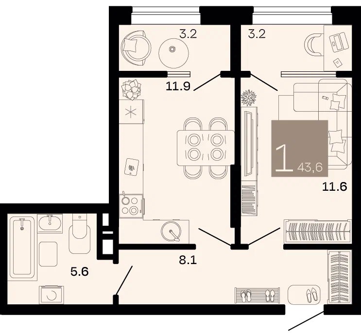 Планировка 1-комнатная 40,4 м²