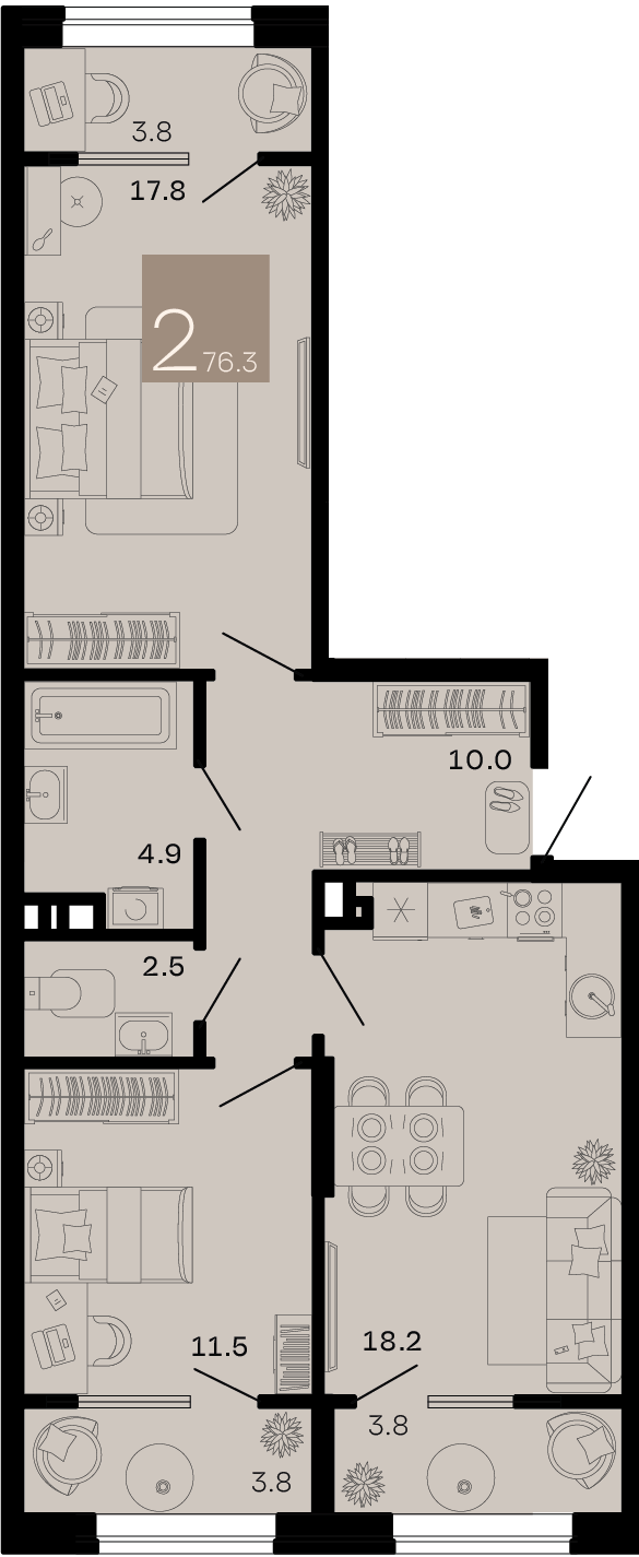 Планировка 2-комнатная 70,6 м²