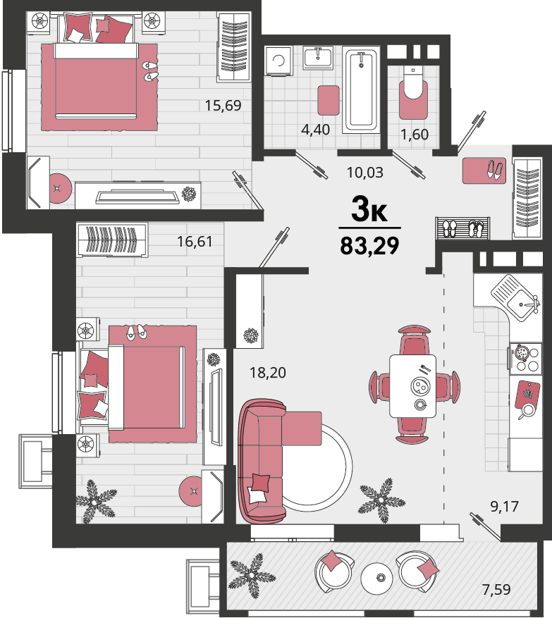 Планировка 3-комнатная 77,98 м²