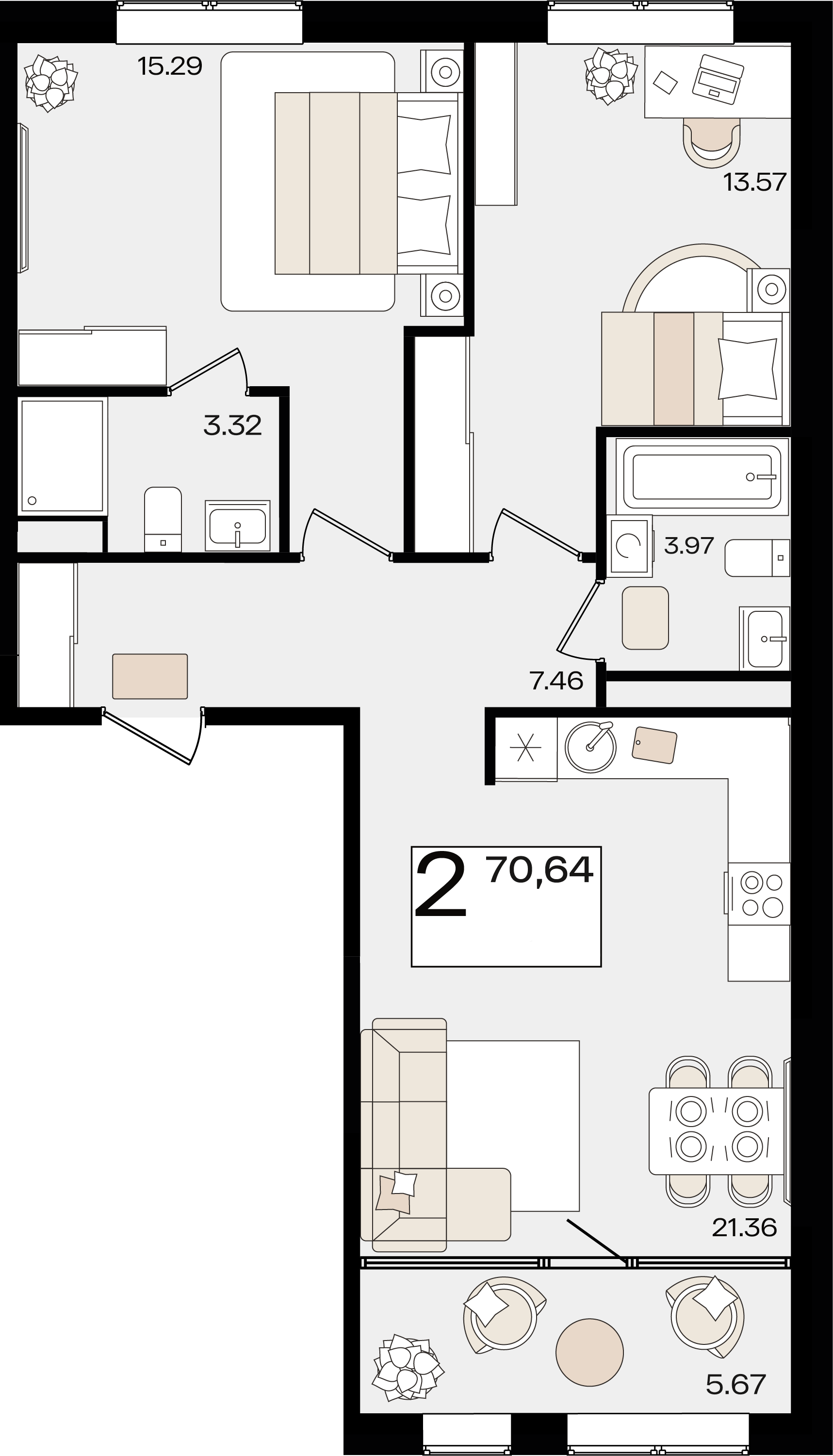 Планировка: 2-комн. квартира 67,7 м²