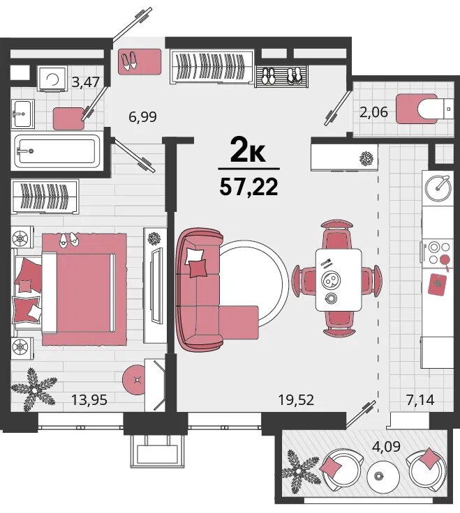 Планировка: 2-комн. квартира 54,4 м²