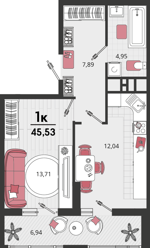 Планировка: 1-комн. квартира 42,1 м²