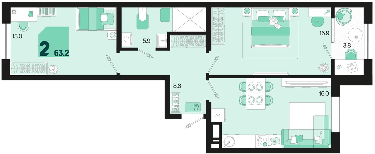 Планировка: 2-комн. квартира 61,3 м²